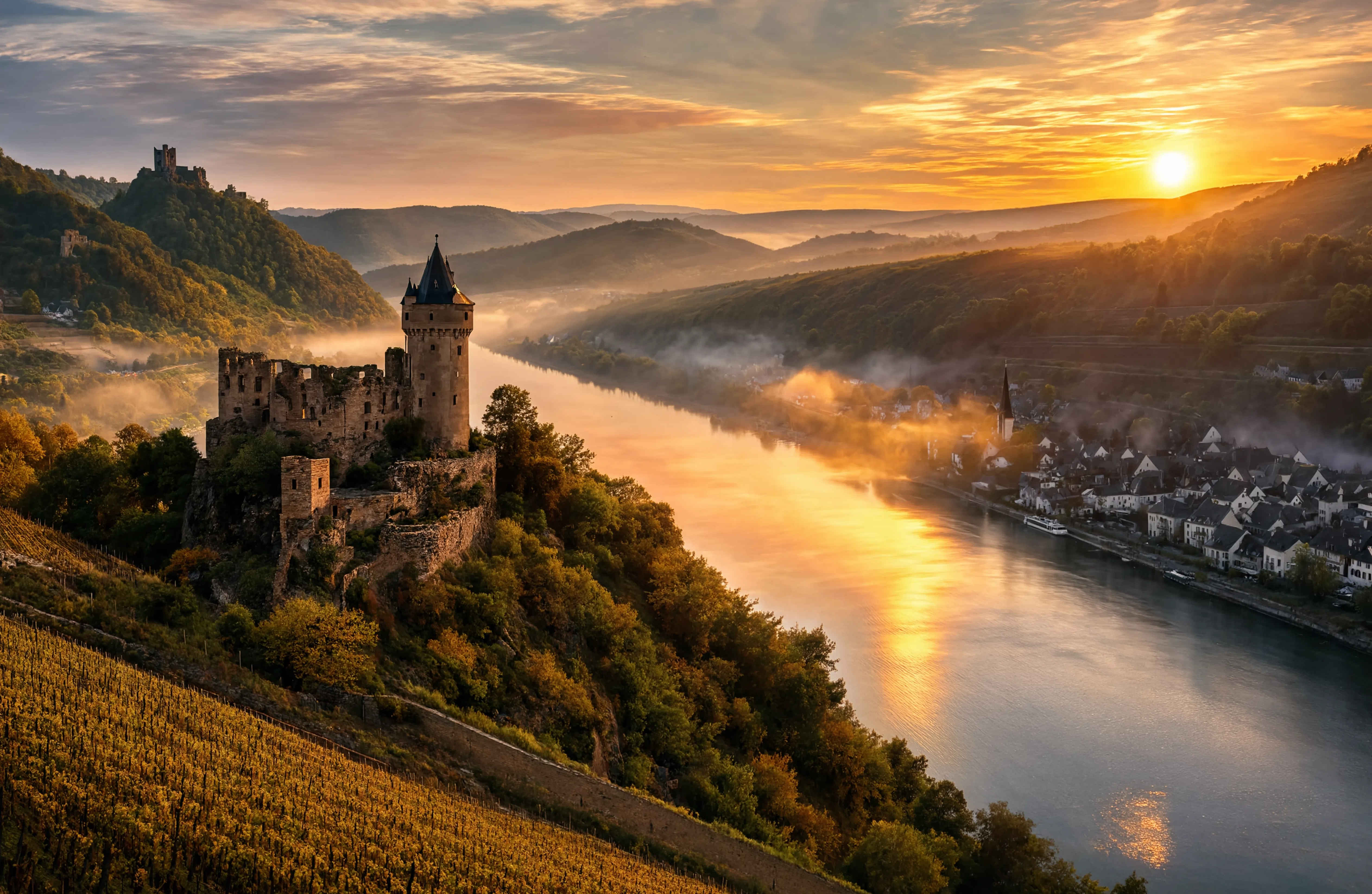 Panoramablick auf das Rheintal bei Sonnenuntergang — sanfte Hügel, Weinberge und der mächtige Rhein
