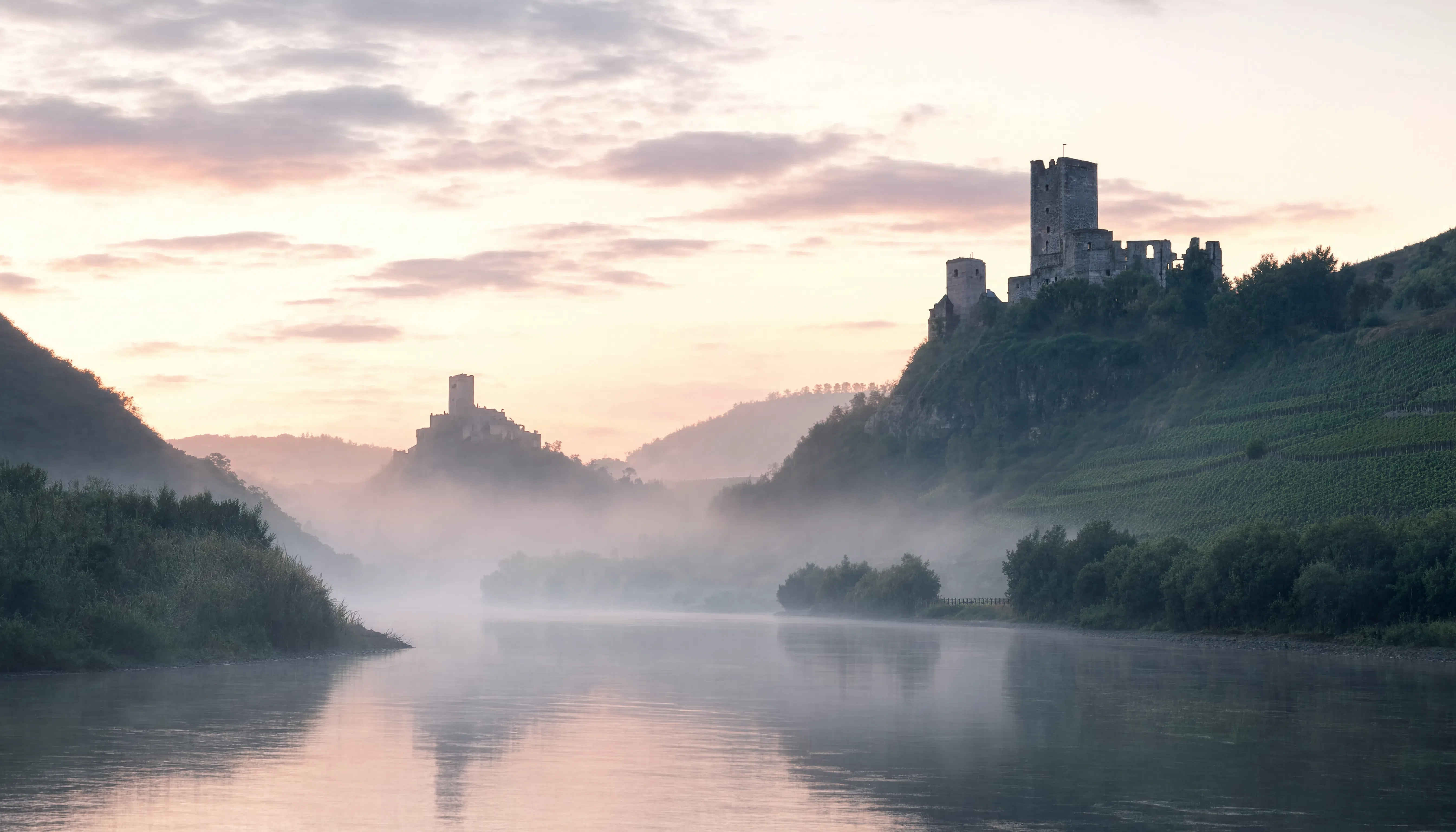 Das Rheintal am frühen Morgen — Morgennebel über dem Fluss, Weinberge und Burgruinen im sanften Licht